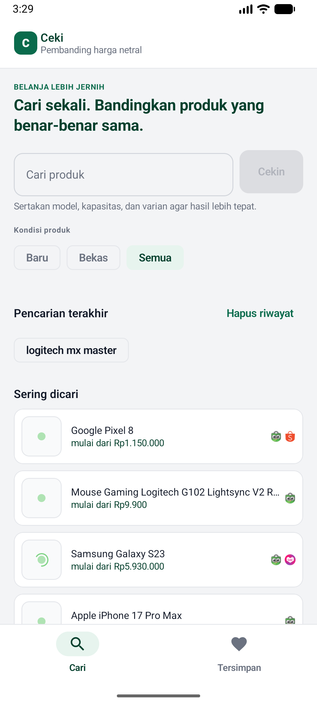 Ceki home screen showing the search field, condition filters, recent searches, and a list of frequently searched products with prices.